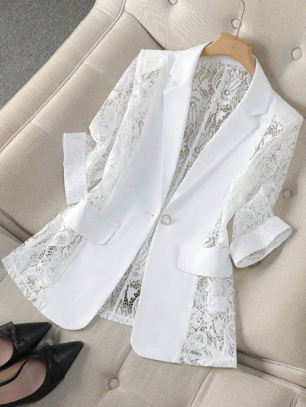 White Elegant Women's Sheer Blazer Jacket 3/4 Sleeve Casual Office Wear - Picture 8 of 8
